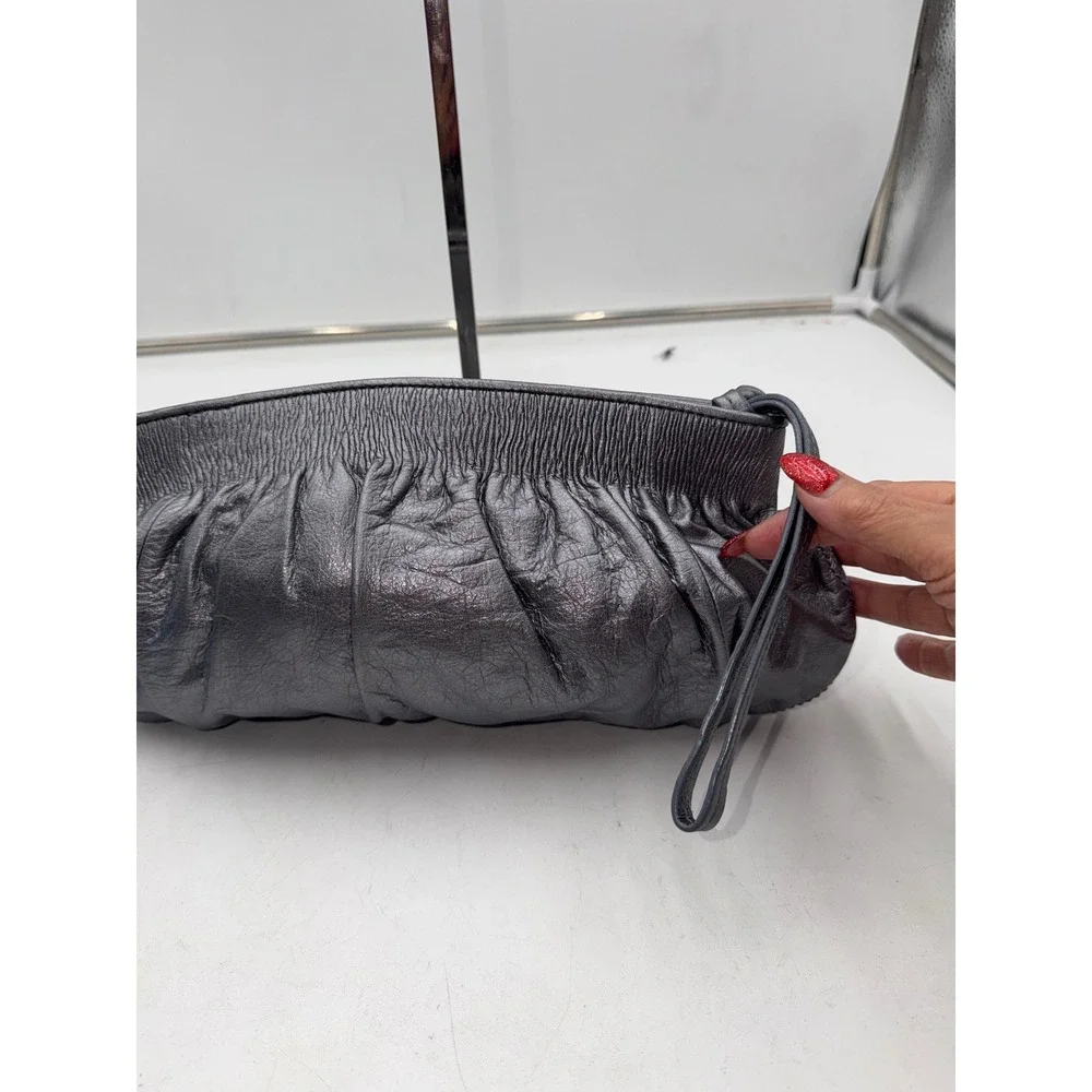 Banana Republic Metallic Pewter Grey Crinkled Leather Pleated Wristlet